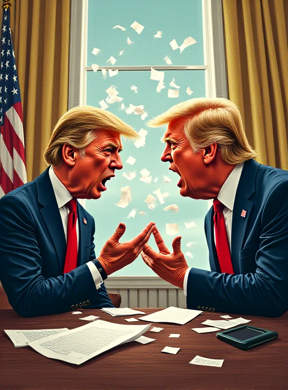 Illustration of a chaotic meeting in the Oval Office, with symbolic representations of Trump and Zelensky facing each other amidst flying papers and tense expressions.