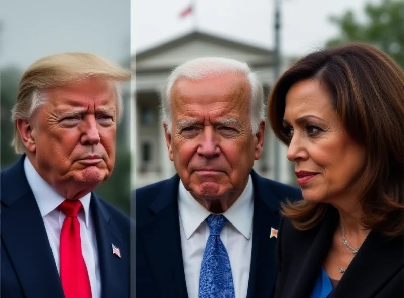 An AI-generated image depicting a split screen of Donald Trump, Joe Biden, and Kamala Harris, each with a distinct expression reflecting the political tensions surrounding the 2024 election loss.