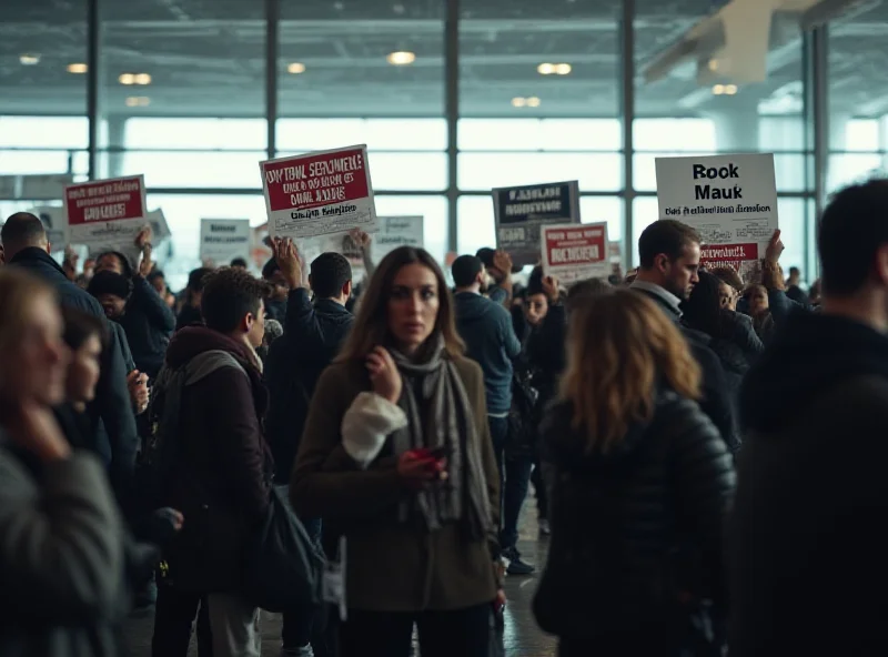 Image of a crowded airport terminal with people waiting and signs in different languages, symbolizing the potential chaos caused by travel bans.