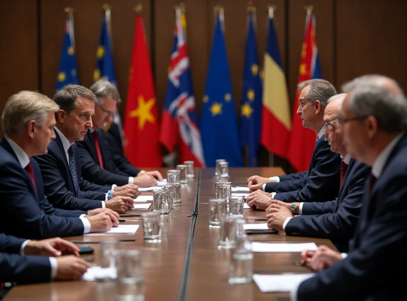 Image of a group of European Union leaders sitting around a table during a summit in Brussels, with serious expressions on their faces, discussing defense spending.