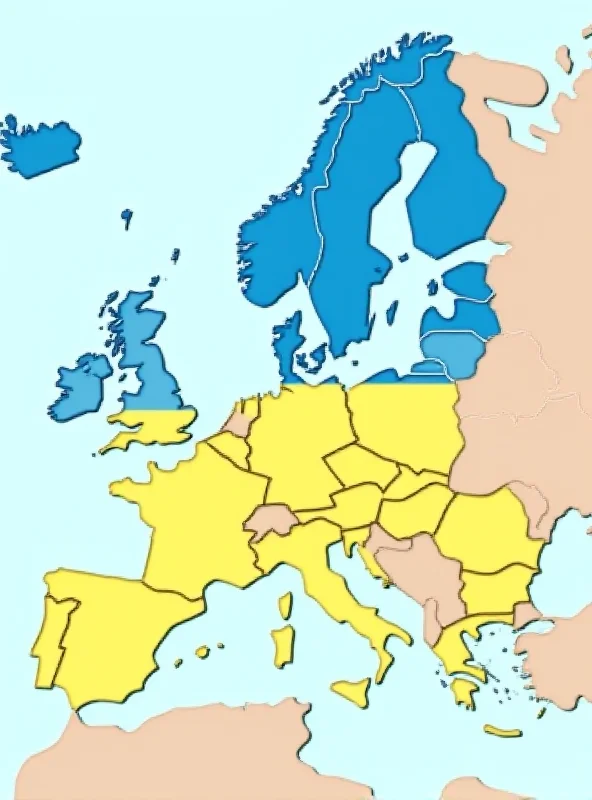 Digital illustration depicting a map of Europe with the Ukrainian flag prominently displayed, symbolizing European support for Ukraine.