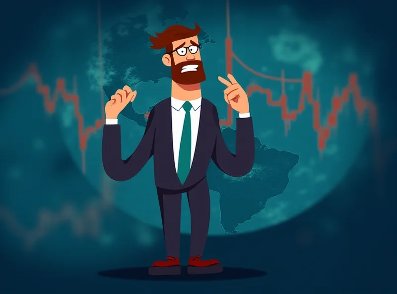 A worried economist looking at charts showing declining economic indicators with a globe in the background.