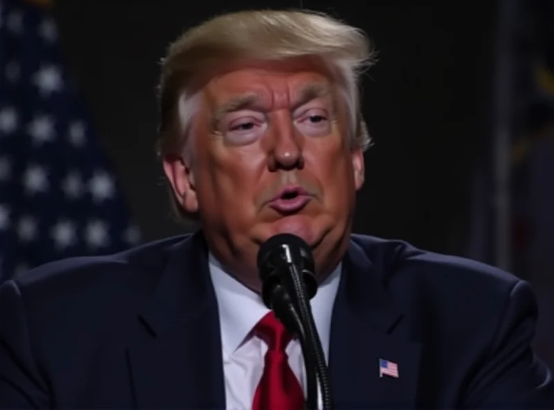 Donald Trump speaking at a podium with a serious expression.