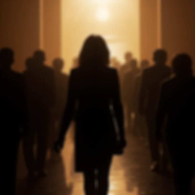 Ayanna Pressley walking away from a group of people blurred in the background, symbolizing her walkout from Congress.