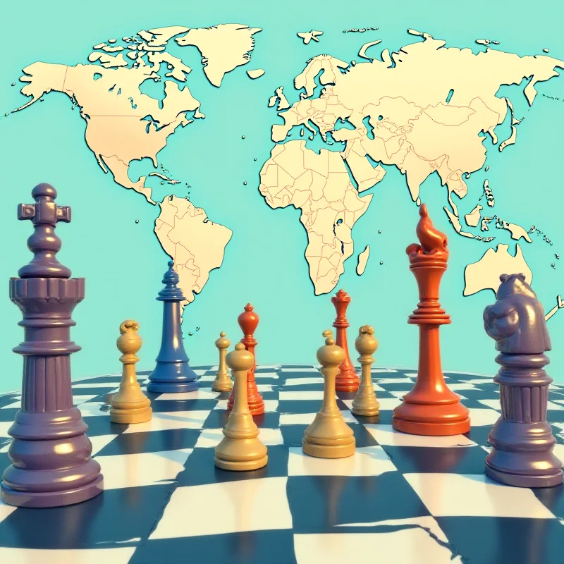 A stylized illustration of a chess board with pieces representing the US, Russia, Ukraine and Europe.