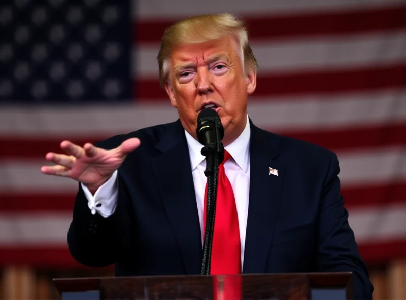 Donald Trump speaking at a podium with the US flag in the background.