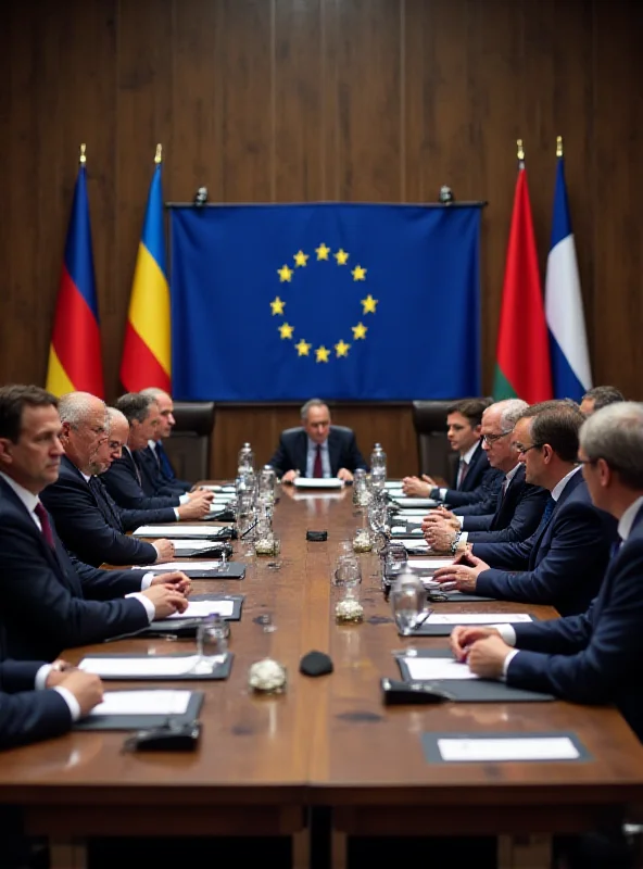 A group of European leaders meeting at a summit, discussing defense strategy.