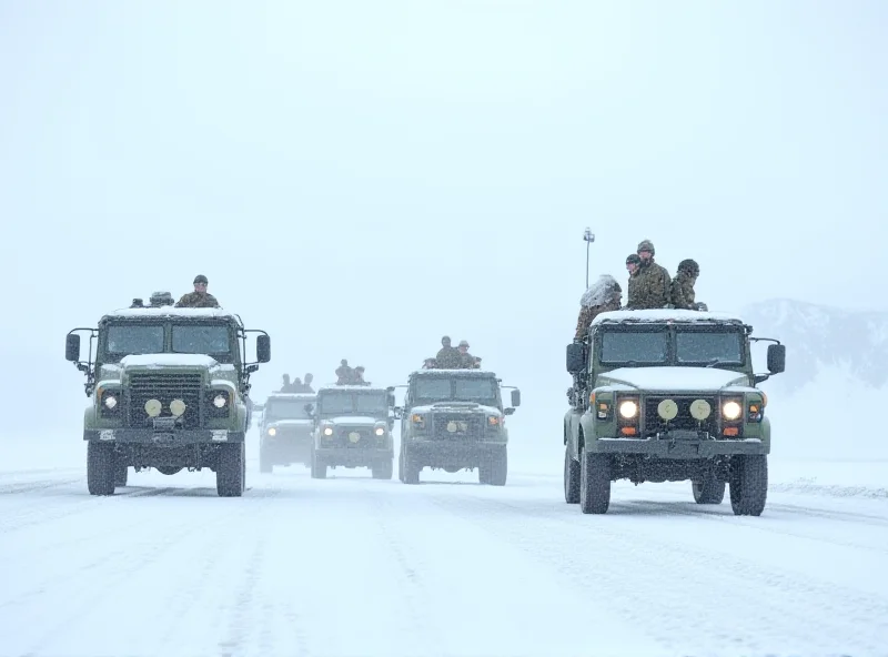 Military vehicles and soldiers patrolling a snowy landscape in the Norwegian Arctic Circle.