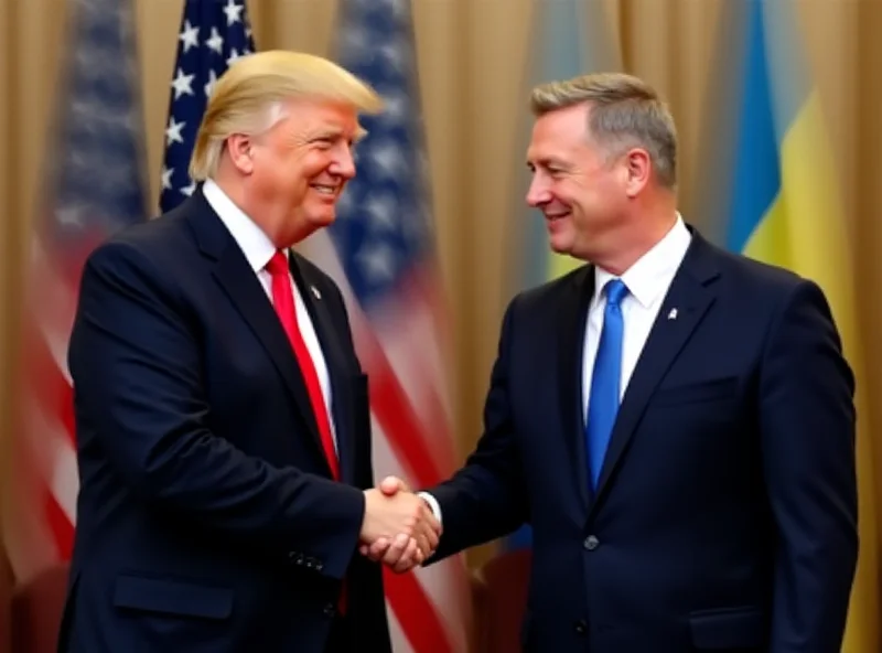 Donald Trump shaking hands with Volodymyr Zelenskyy, both smiling, in a formal setting with American and Ukrainian flags in the background.