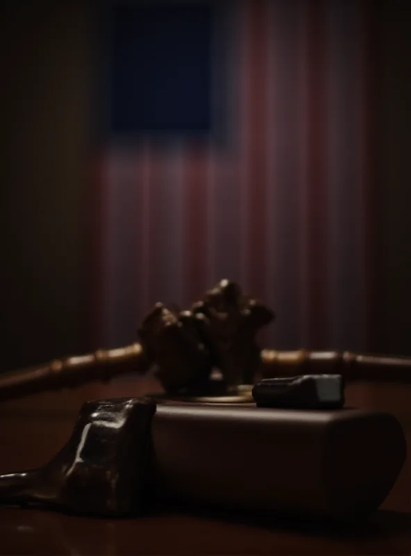 A gavel striking a sound block in a courtroom setting, with a blurred American flag in the background.