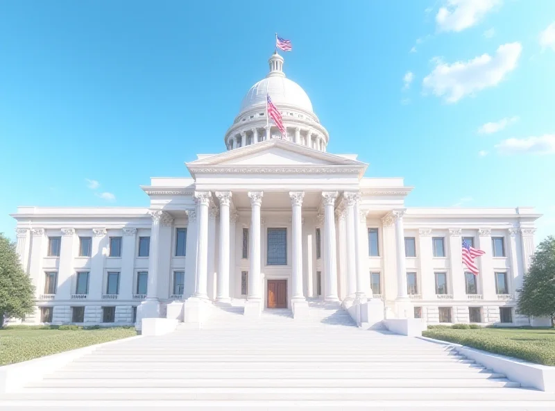 Architectural rendering of a neoclassical federal building with American flags waving in front.