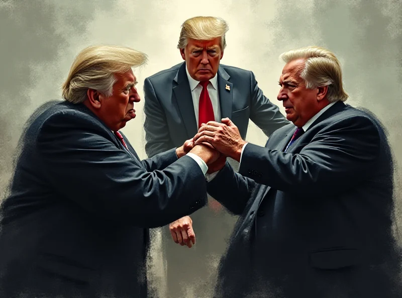 Illustration of a tug-of-war between Democrats and Republicans over a federal budget, with Trump looming in the background.
