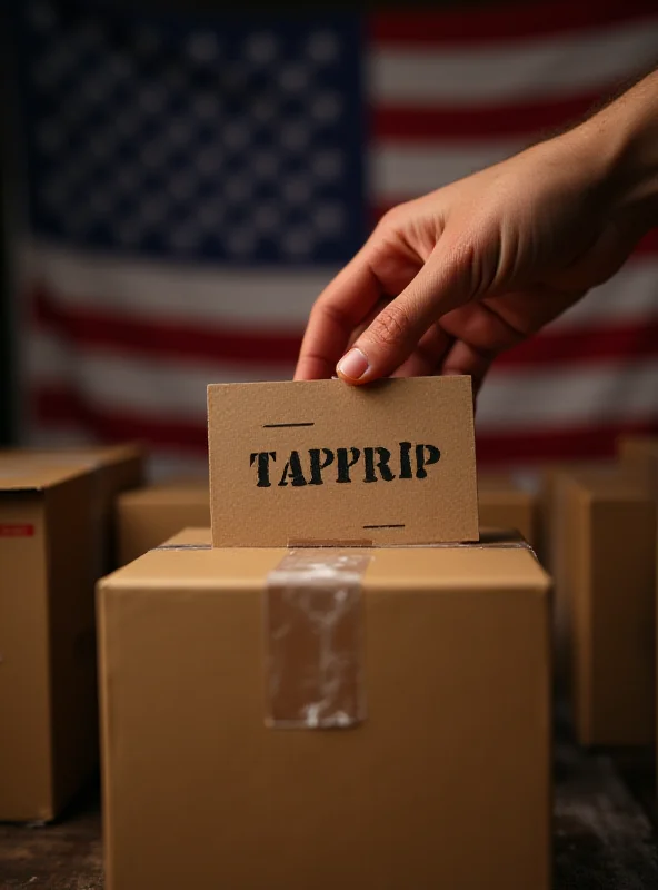 A close-up of a hand placing a tariff sign on a stack of goods ready for shipping, with the American flag blurred in the background.