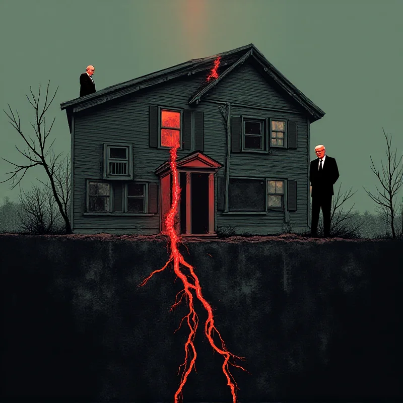 A stylized image of a cracked foundation under a house representing the US economy, with Trump and Biden figures standing on opposite sides.