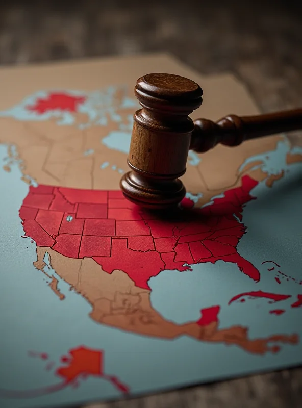 A gavel striking down on a map of the United States highlighting areas designated as 'sanctuary jurisdictions' in red. The background is blurred, suggesting a focus on the legal and political implications of the issue.