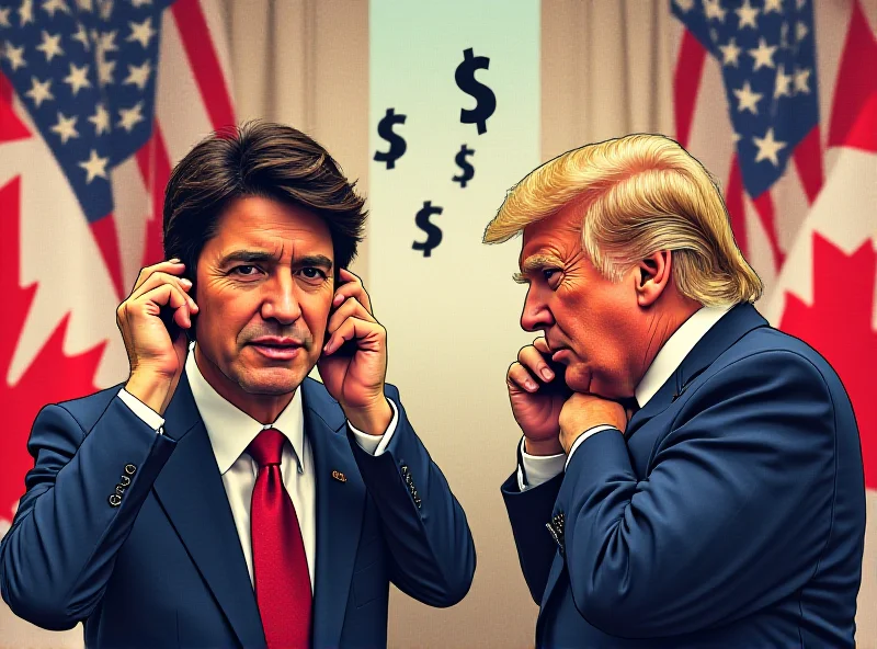 Illustration of Justin Trudeau and Donald Trump talking on the phone with trade symbols floating around them, symbolizing trade war.