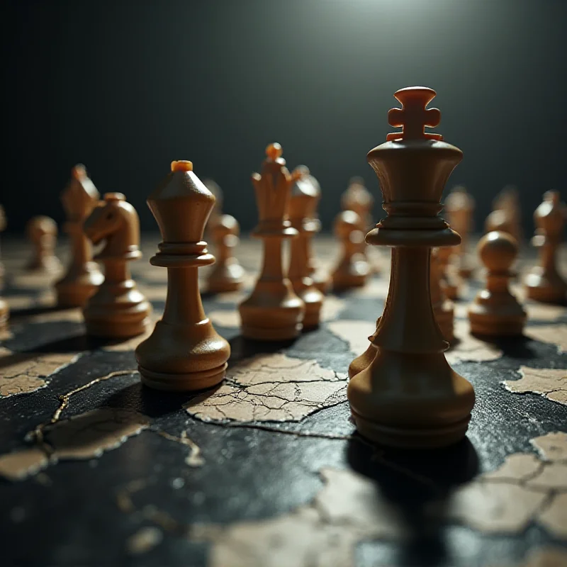 A stylized image of a chess board with pieces representing different countries positioned strategically, symbolizing geopolitical strategy and alliances.