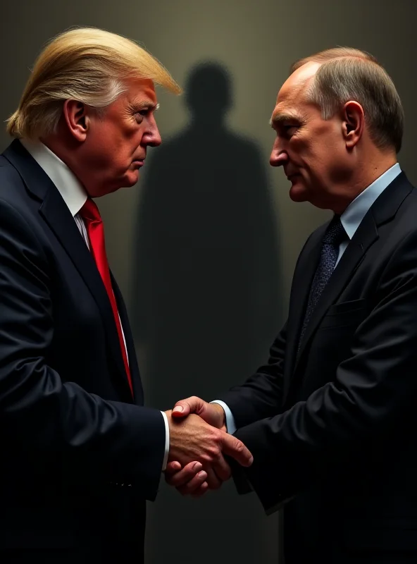 A stylized depiction of Donald Trump shaking hands with Vladimir Putin, with a shadow looming over the Western world.