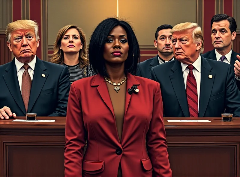 Illustration of Ayanna Pressley walking out of a Congressional session as Donald Trump speaks at the podium, with other members of Congress looking on with varied expressions.