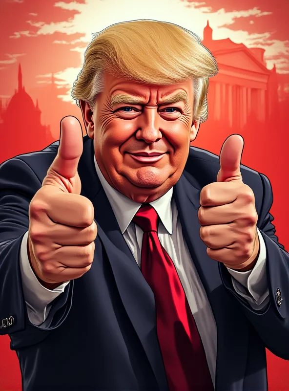 Illustration of Alexander Lukashenko smiling and giving a thumbs-up, with a backdrop of the Belarusian flag and a faint image of the White House in the distance.