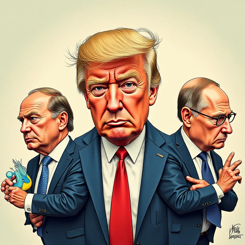 A political cartoon depicting Donald Trump, Volodymyr Zelenskyy, and Vladimir Putin in a satirical manner, with elements representing Ukraine, Russia, and the USA. The style should be reminiscent of Mario Natangelo's work.