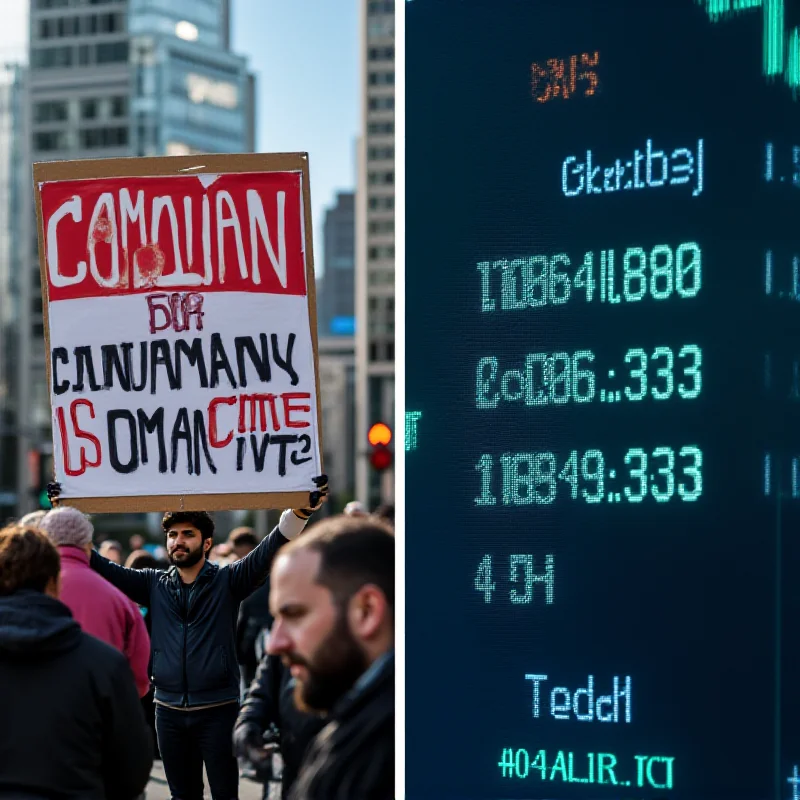 Split image. On the left, a protest sign about sanctuary cities. On the right, a digital display showing fluctuating cryptocurrency values.