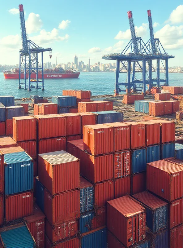 Image of shipping containers stacked high at a port, symbolizing the flow of goods and the impact of tariffs on international trade.