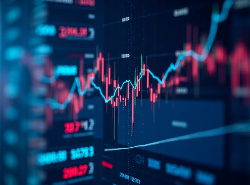 Stock ticker display with fluctuating numbers and upward trending arrows