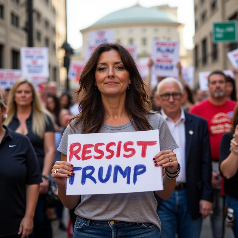Casey Anthony speaking at a rally, holding a sign opposing Donald Trump.