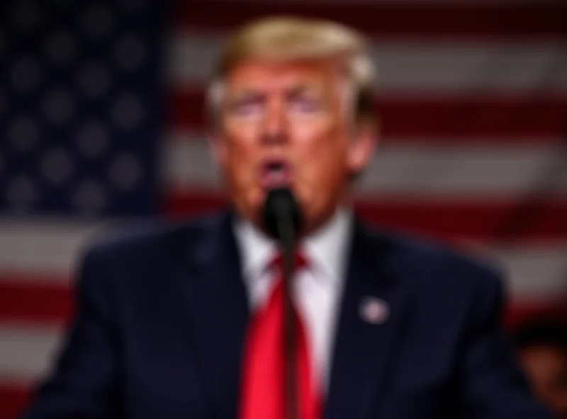 Donald Trump speaking at a podium with an American flag in the background