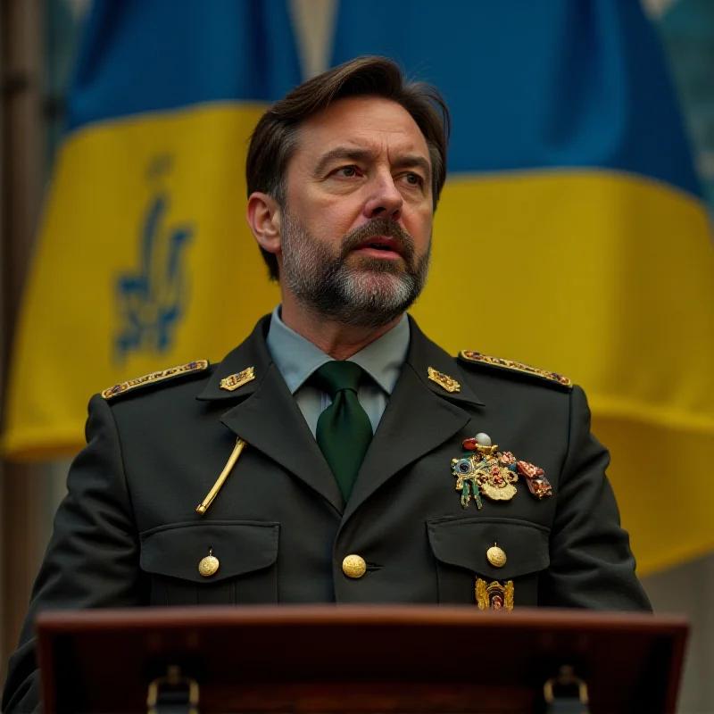 Volodymyr Zelensky giving a speech in military attire