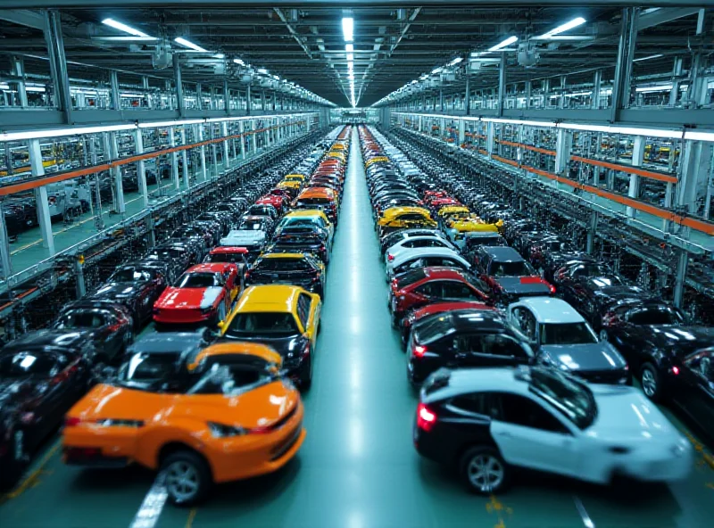 Aerial view of a large automobile factory with rows of cars being assembled.