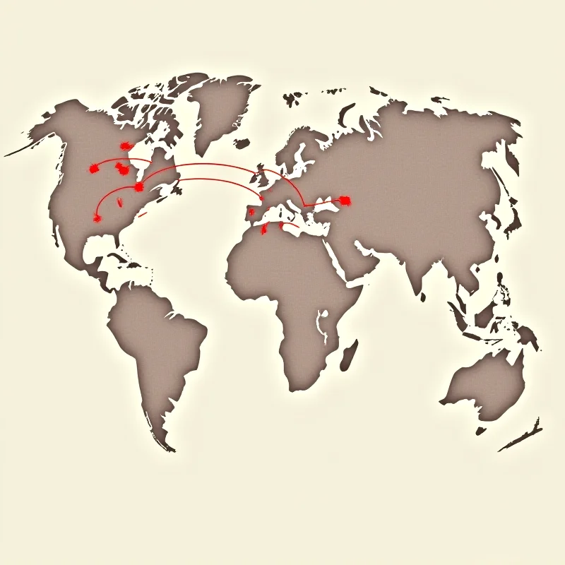 A world map with arrows pointing between the USA, China, Europe, Canada, and Mexico, representing the flow of goods and the potential disruption caused by tariffs.