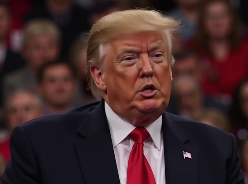 Donald Trump speaking at a rally with a stern expression.