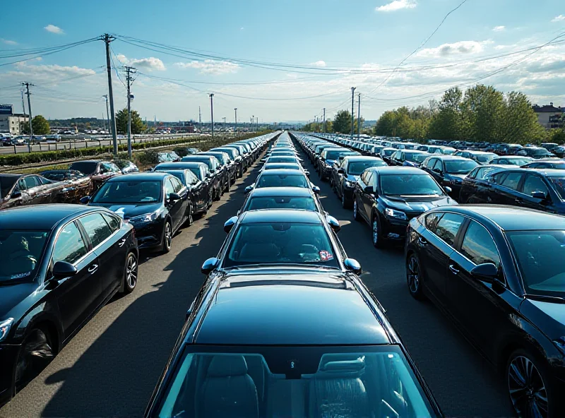 Aerial view of a car factory in Slovakia, showcasing rows of newly manufactured vehicles ready for export. The image should convey the scale of the automotive industry in Slovakia and its dependence on exports.