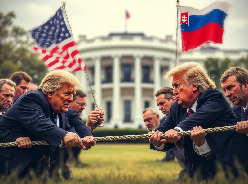 A digital illustration depicting a tug-of-war rope with the US flag on one side being pulled by a caricatured Donald Trump, and the Slovakian flag on the other side being pulled by a group of worried-looking people representing Slovakia. The background is a blurred image of the White House.