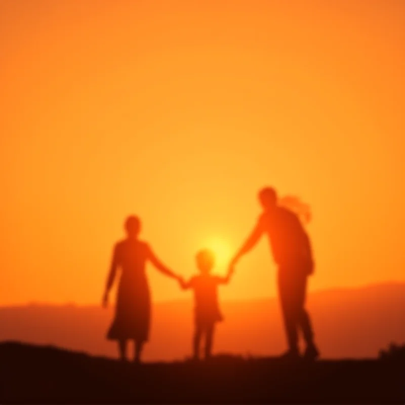 A silhouette of a father holding a young child's hand, walking towards a bright horizon, symbolizing hope and a new beginning.