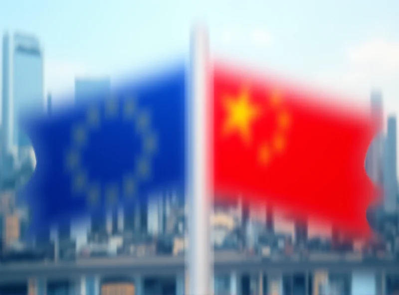 European Union and Chinese flags waving side-by-side in front of a modern cityscape.