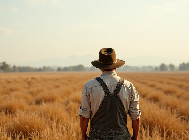 A farmer in a field, looking concerned as he examines his crops during a drought. The sky is hazy with smoke from distant wildfires.