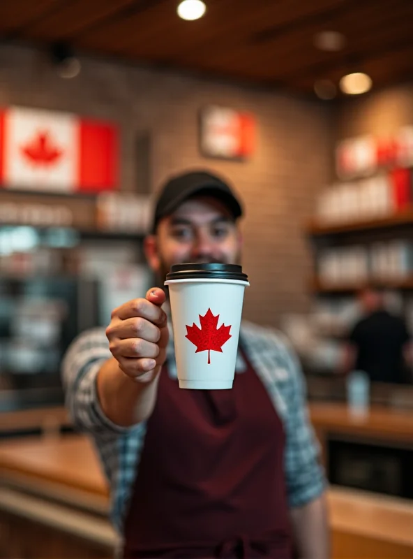 A barista in a Canadian coffee shop proudly holding up a cup labeled 'Canadiano'. The background shows a busy coffee shop with Canadian flags subtly displayed.