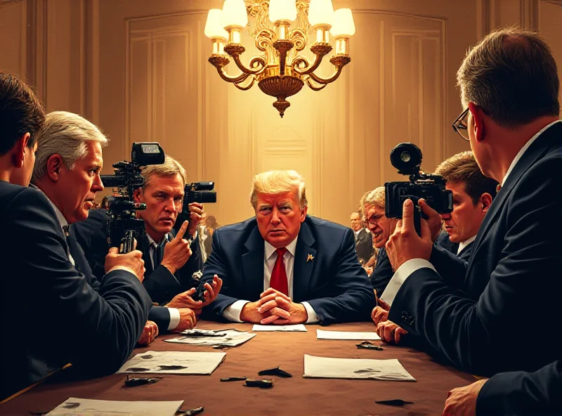 Illustration of a tense meeting between Trump and Zelensky, with reporters present.