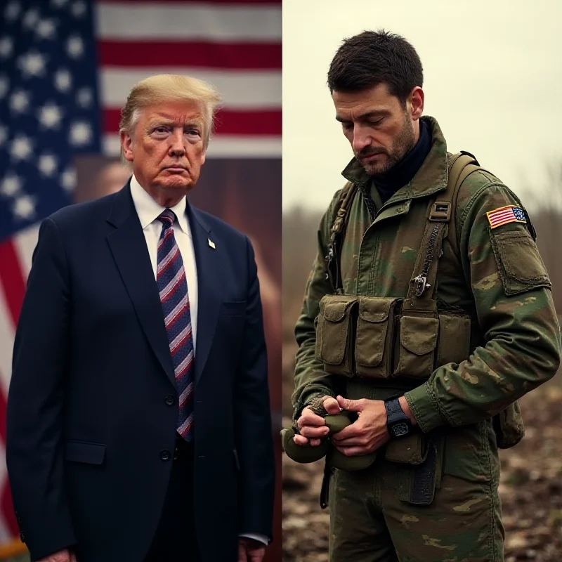 Split image: On one side, Donald Trump; on the other, Volodymyr Zelensky in combat fatigues.