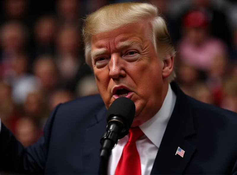 Donald Trump speaking at a rally with a serious expression.