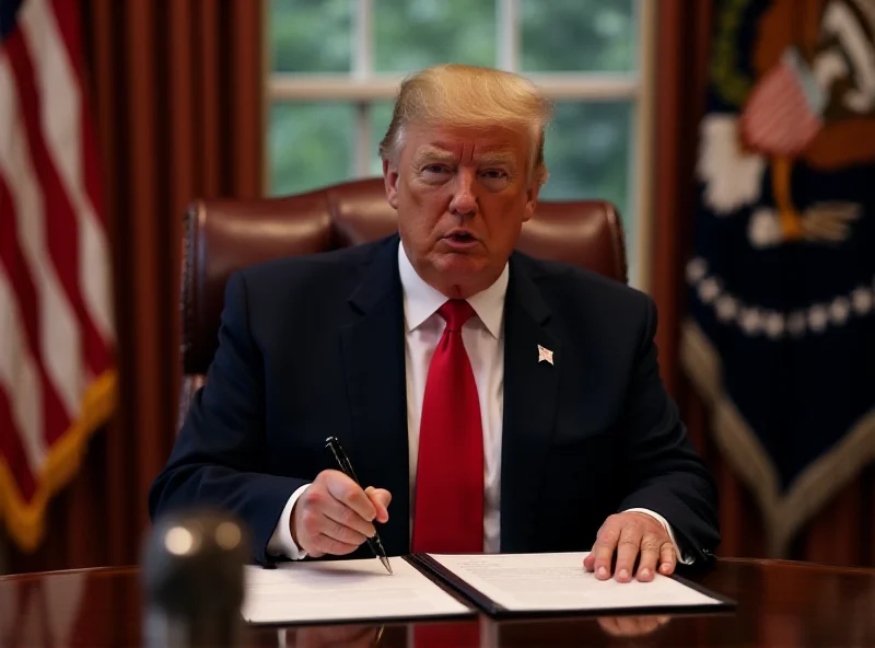 Image of Donald Trump signing documents at a desk, with the US flag in the background.