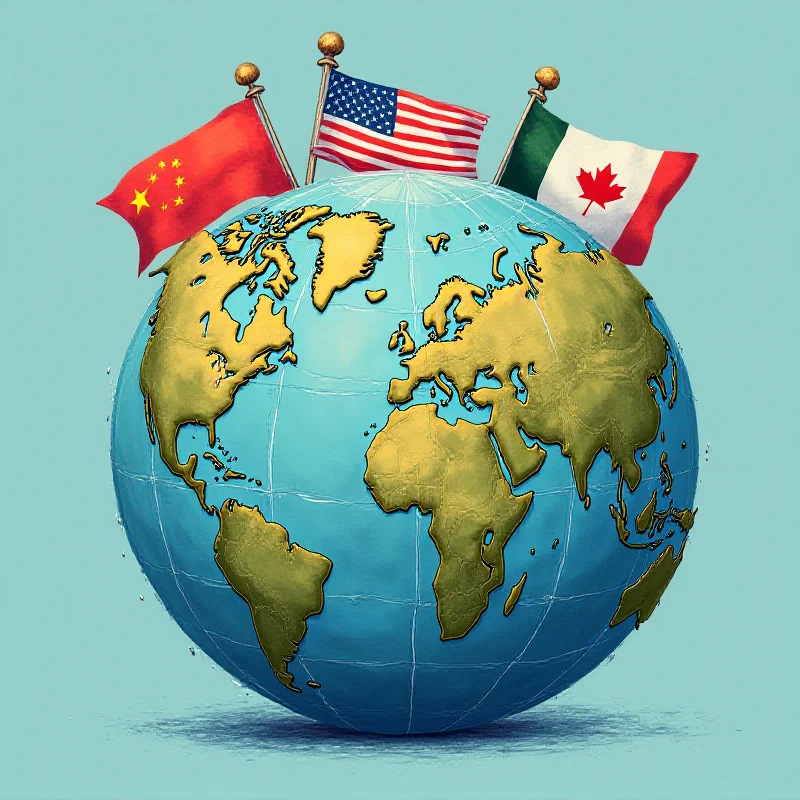An illustration showing the world, with flags of the US, China, UK, Canada, and Mexico