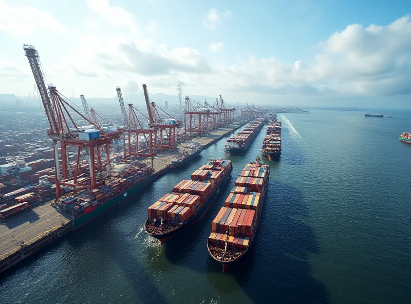 Aerial view of cargo ships at a busy port with cranes loading containers