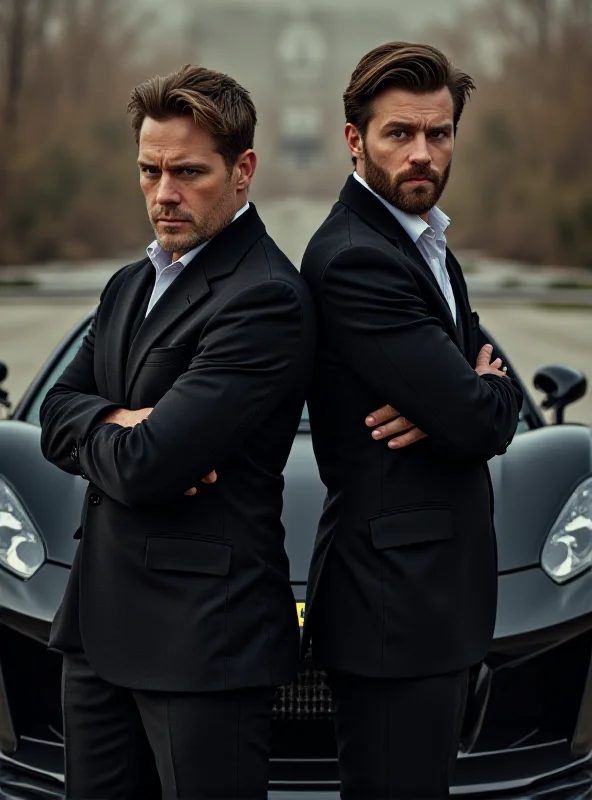 Andrew Tate and Tristan Tate standing side by side, serious expressions, in front of a luxury car