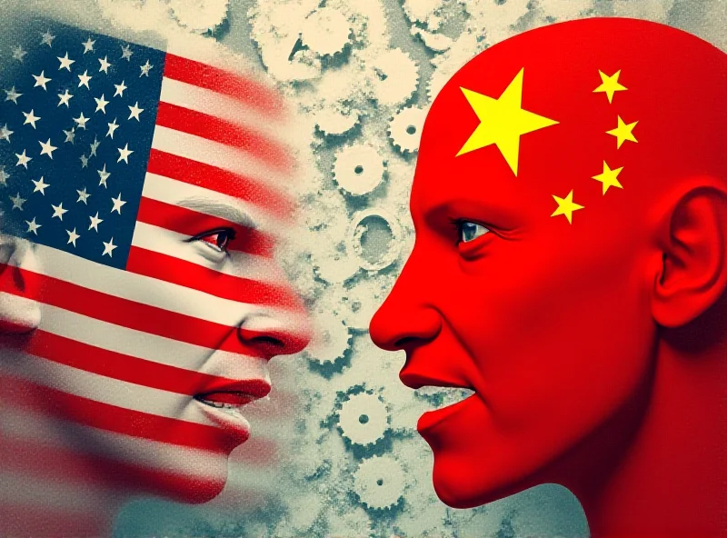 Illustration depicting the US and China flags facing each other, with gears turning in the background