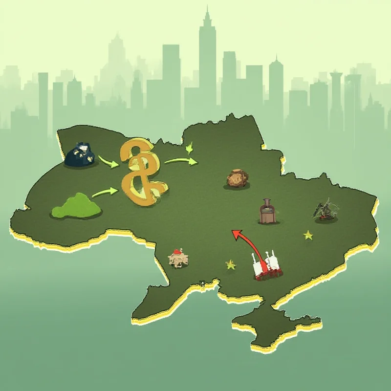 A graphic depicting mineral extraction and financial transactions.