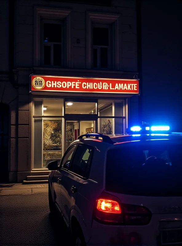 A Romanian police car with its lights flashing, parked in front of a building with a sign that says 'Bucharest Elections' in Romanian.